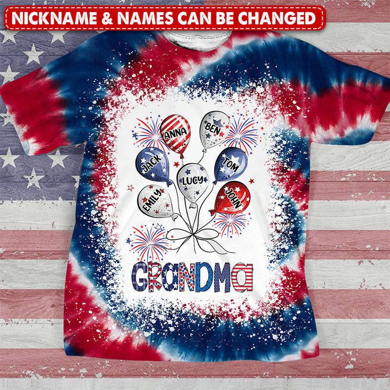 4th of July Tie Dye Firework Grandma Auntie Mom Balloon Kids American Flag Personalized 3D T-shirt