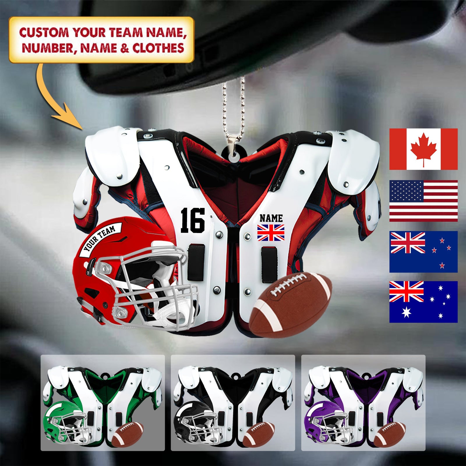 Personalized Ornament- Football Shoulder Pads, Helmet And Ball - Multi Countries