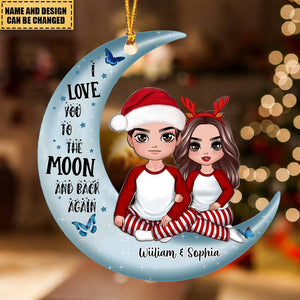 Christmas Doll Couple Sitting Hugging On Moon Christmas Gift Personalized Acrylic Ornament