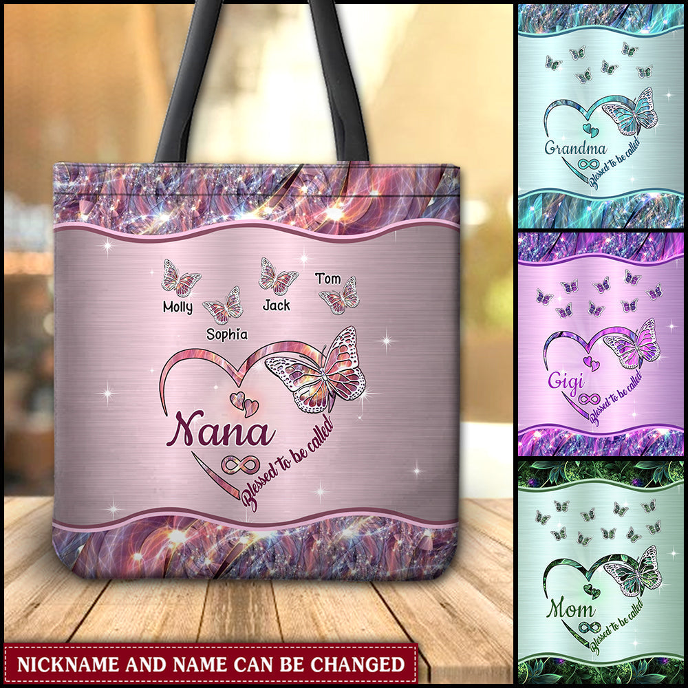 Sparkling Grandma- Mom Heart Butterfly Kids Personalized Tote Bag