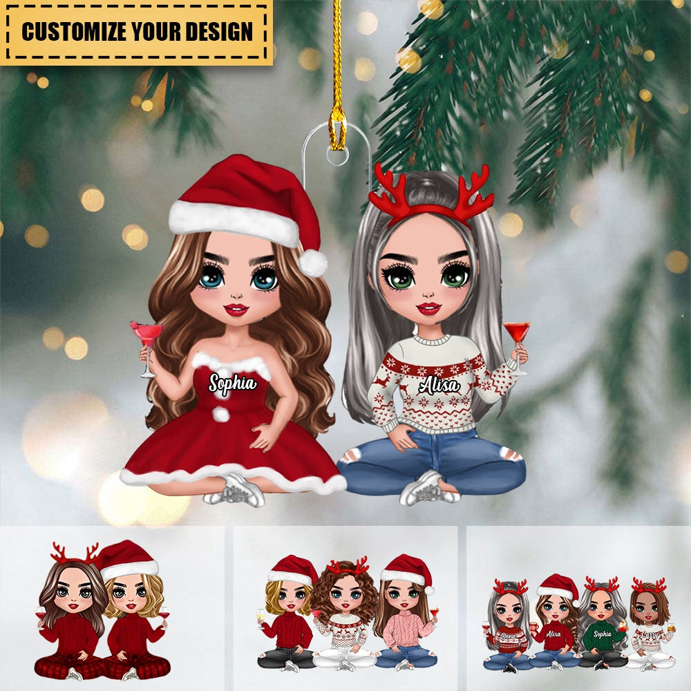 Christmas Doll Besties Sisters Sitting Personalized Christmas Ornament