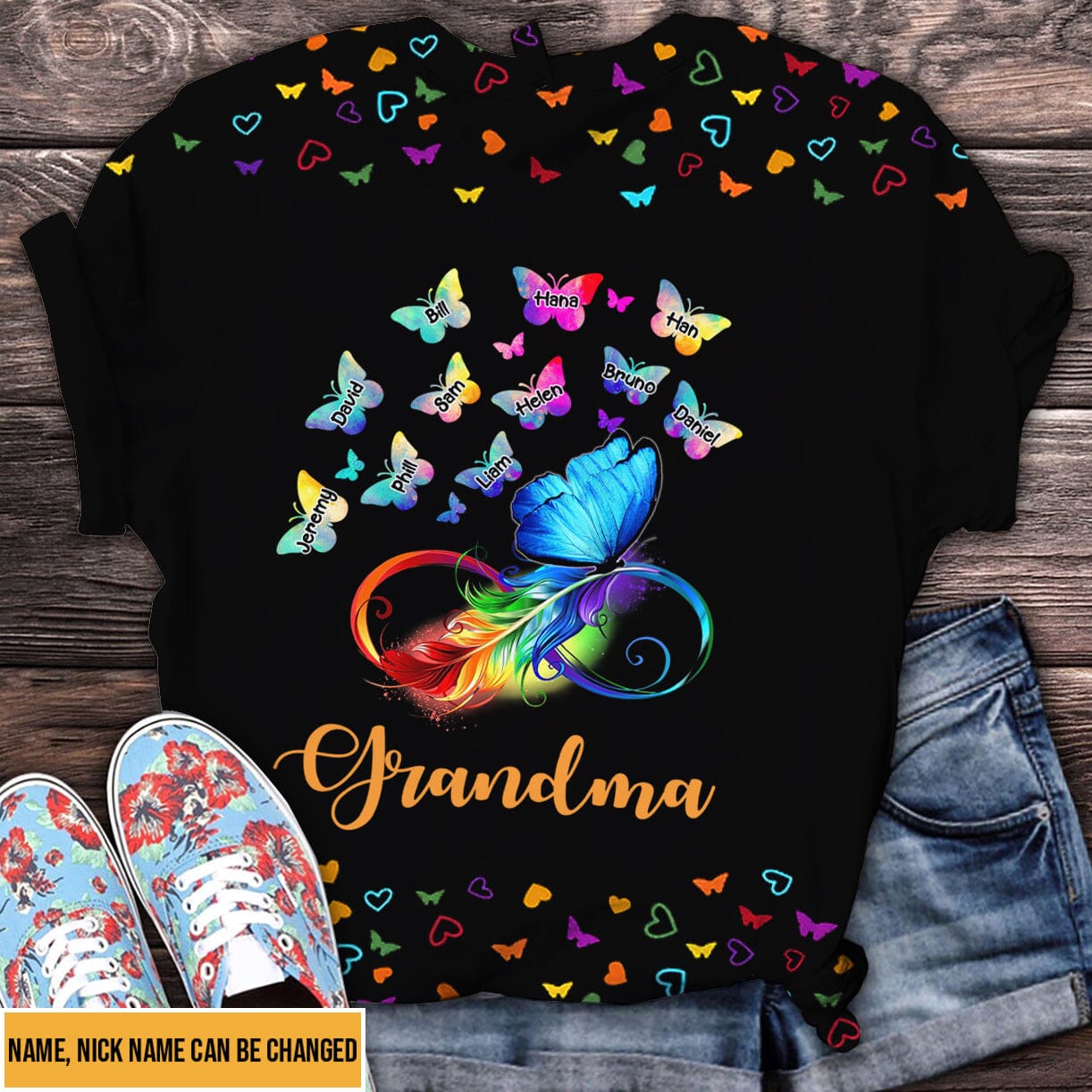Colorful Butterfly Grandma with Grandkids Personalized T-shirt