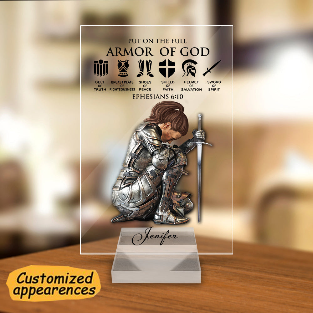 Personalized Custom Name, Skin Tone And Hairstyles Woman Warrior Of God of God Put On The Full Armor of God Ephesians 6-10 Acrylic Plaque