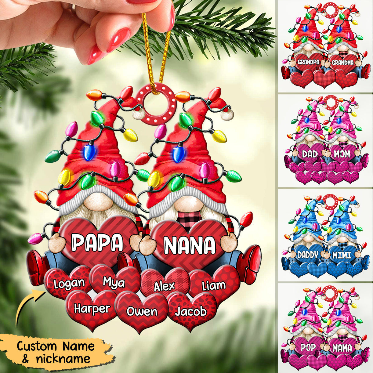 Colorful Christmas Light Couple Papa Grandma Nana Daddy Loves Sweet Heart Kids Personalized Ornament