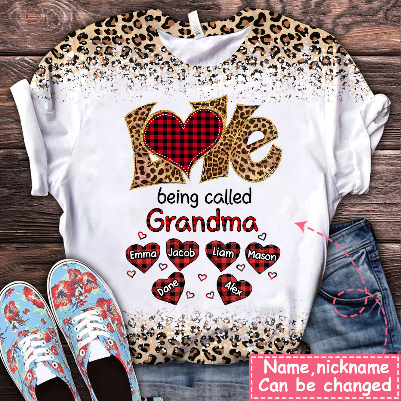 Colorful Leopard Grandma Mom Sweet Plaid Heart Kids, Love Being Called Nana Personalized 3D T-shirt