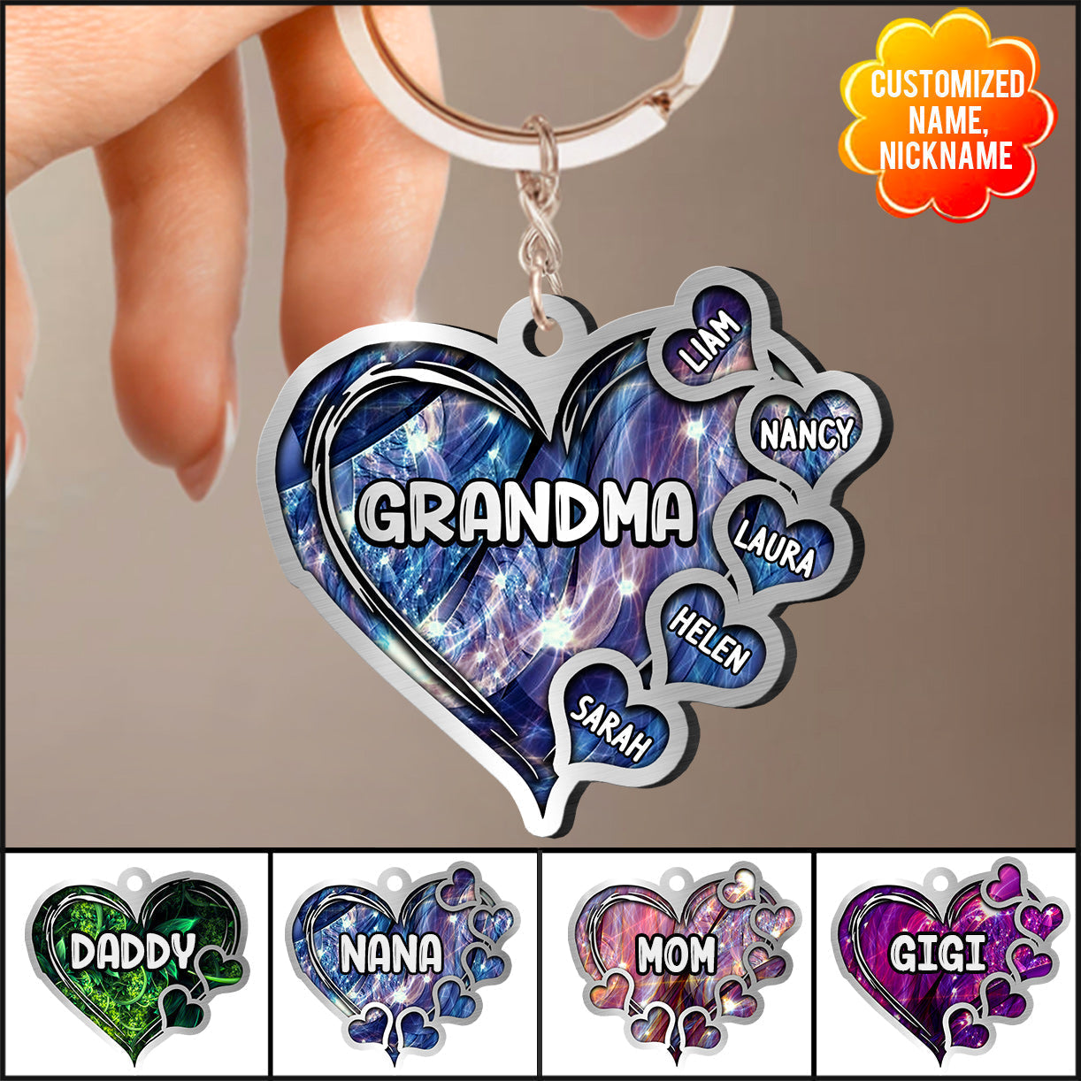 Grandma- Mom Heart Kids, Multi Colors Personalized Acrylic Keychain
