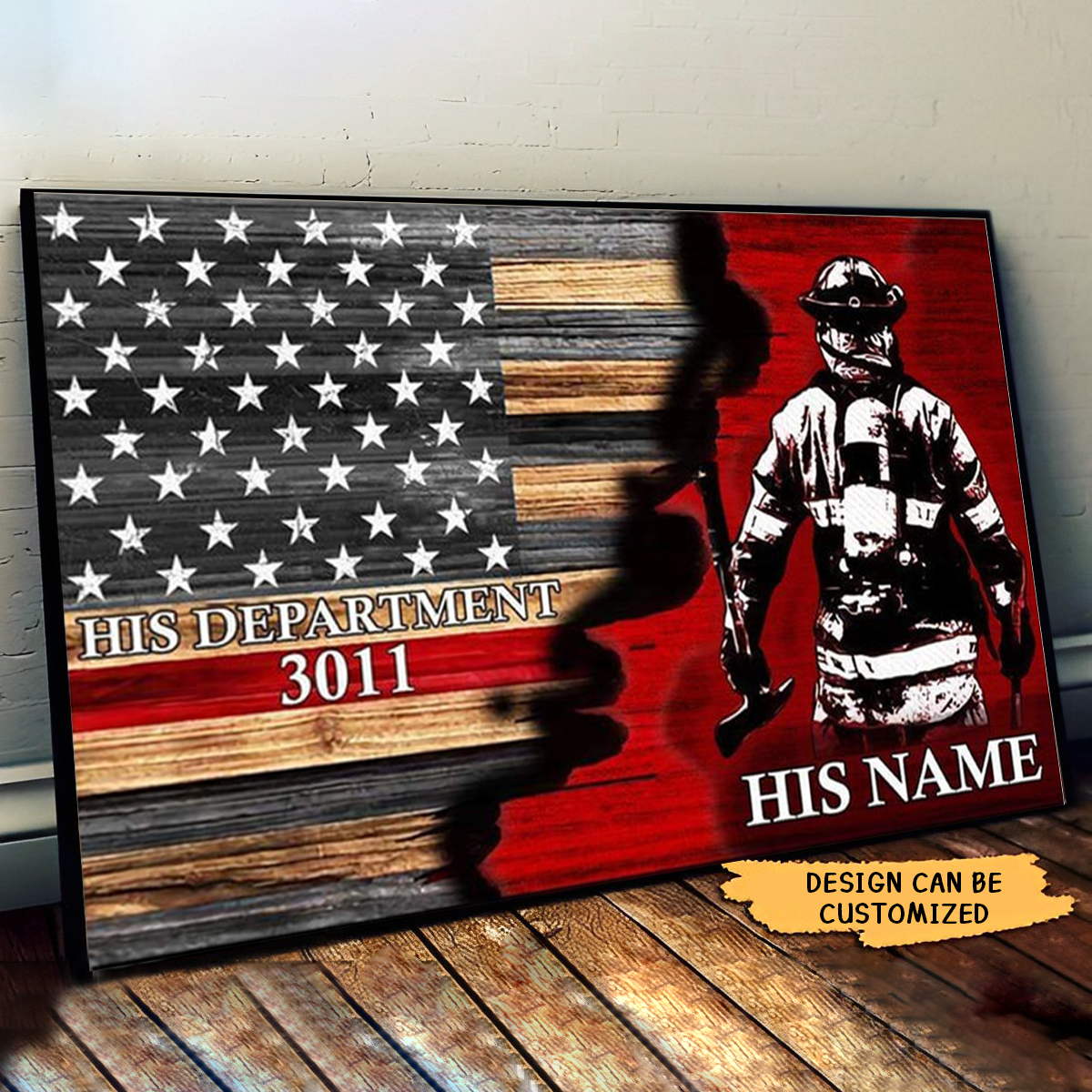 Half Thin Red Line Bunker Gear With Unit Number & Name, Personalized Firefighter Poster