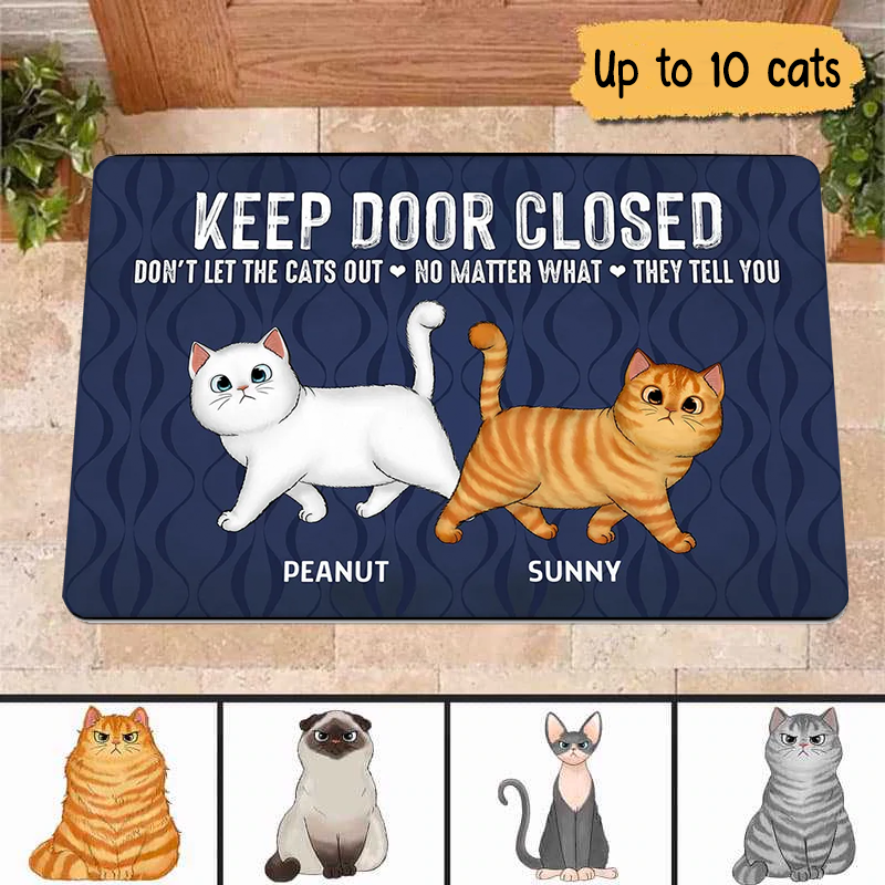 Keep Door Closed Walking Fluffy Cat Personalized Doormat - Gift For Cat Lovers
