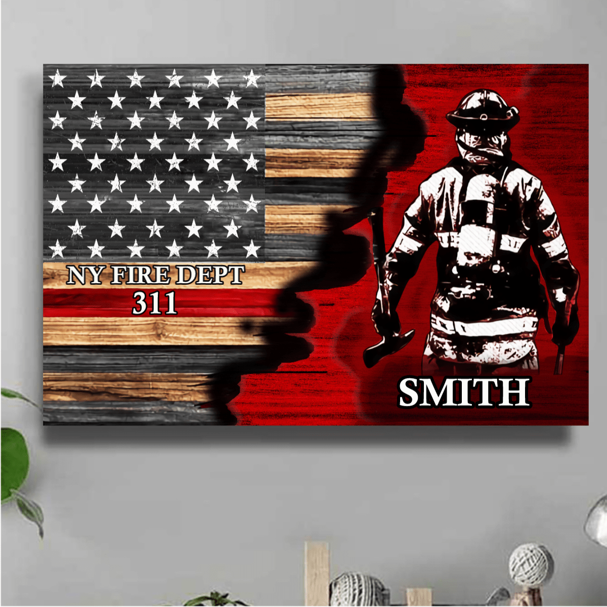 Half Thin Red Line Bunker Gear With Unit Number & Name, Personalized Firefighter Poster